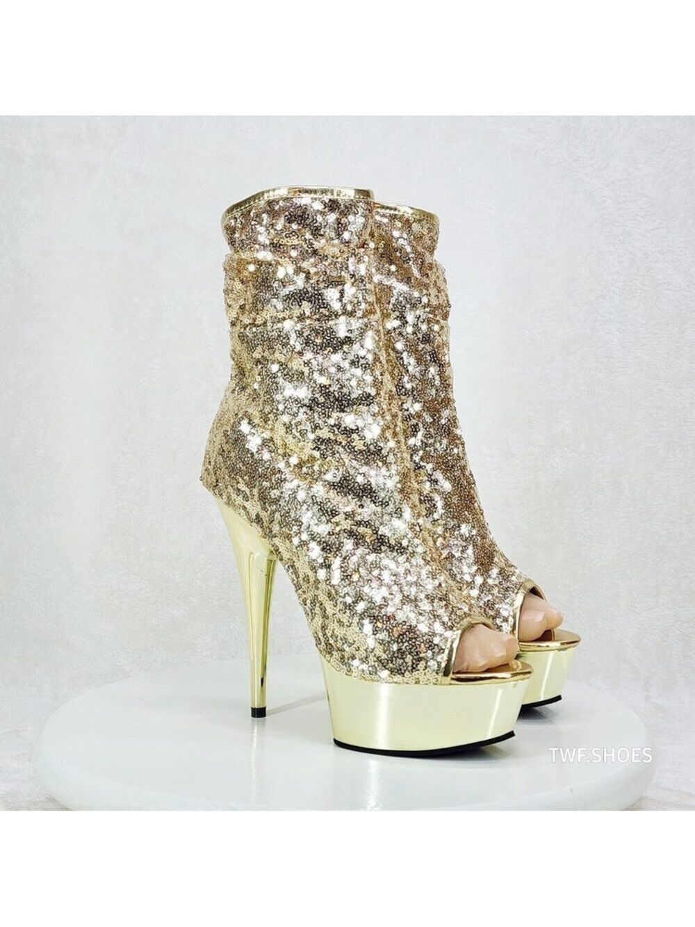 Brand New Delight 1008 Gold Sequin Chrome Platform High Heel Ankle Boots